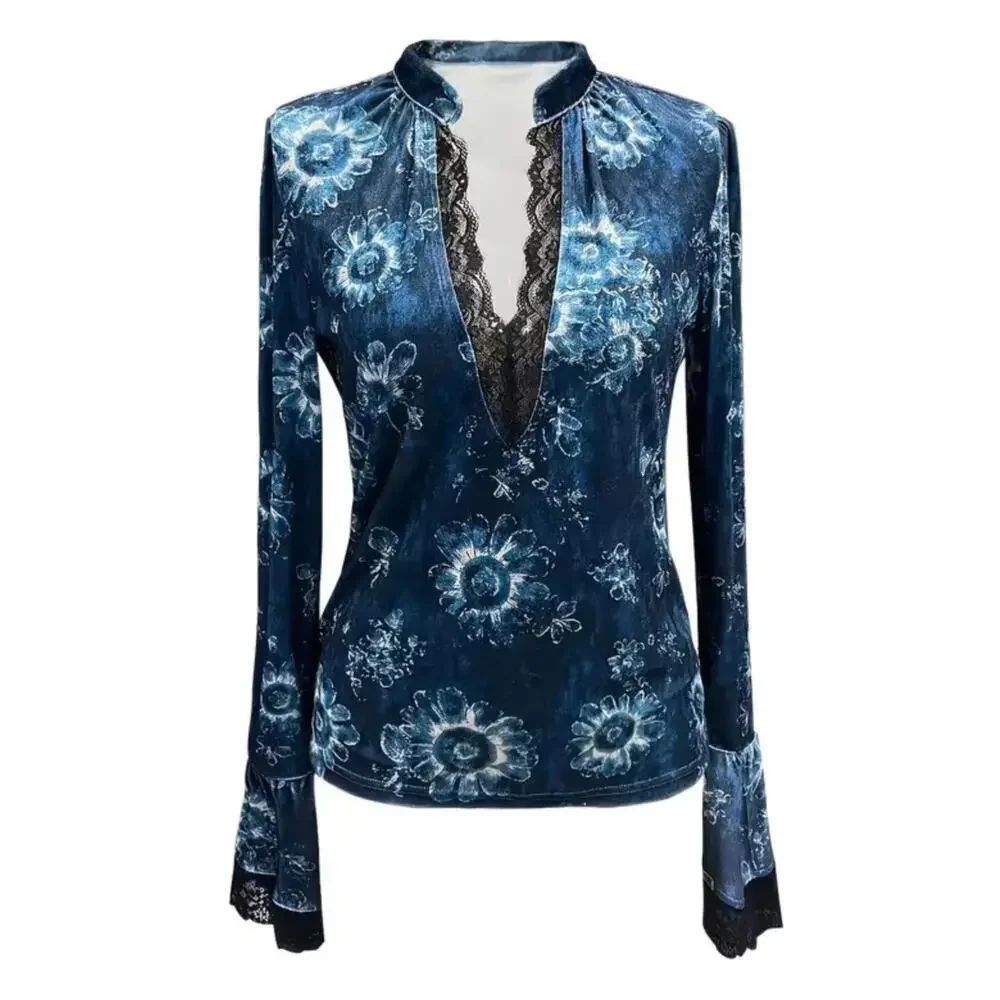 NEW Beautiful Vintage S-XL Boho Blue Velvet Blouse Lace Trim Floral Print Top - Picture 6 of 10